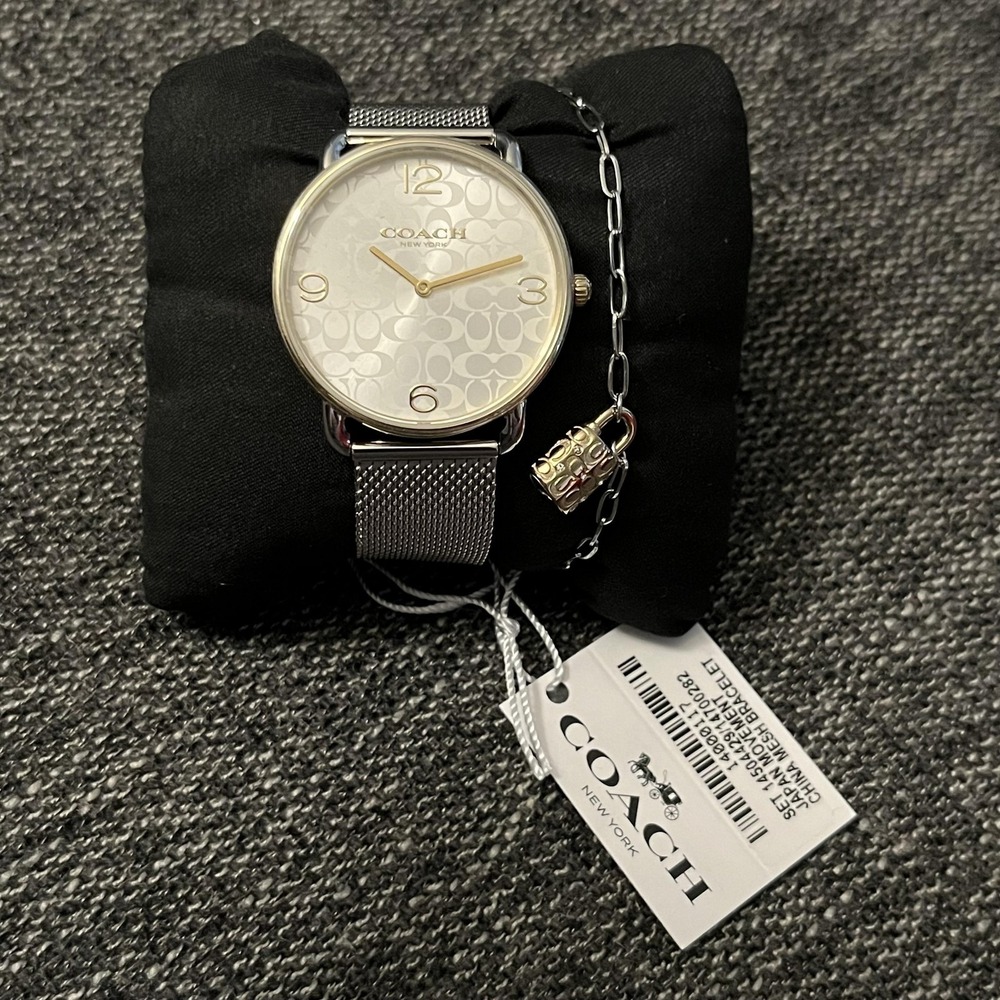 Coach Watch Womens Silver Dial Gold Bezel Mesh Bracelet Set Quartz New W/ Box - Picture 1 of 16